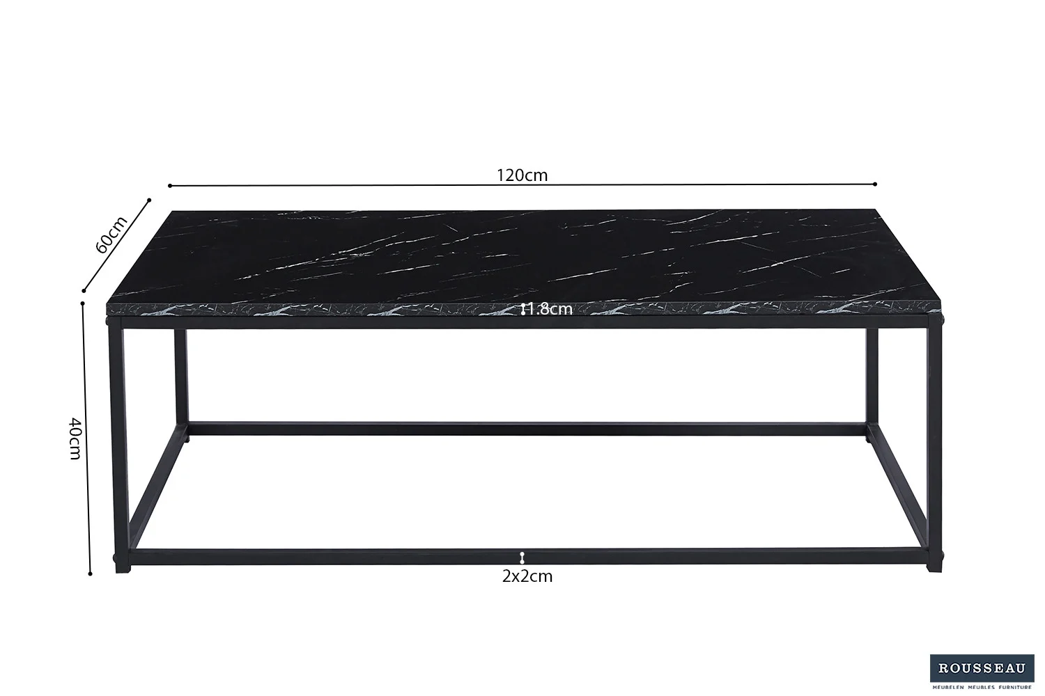 Salontafel Zwart Marmer Industrieel: rechthoekige salontafel met zwart marmeren blad en zwart metalen onderstel, 120x60x40 cm. Rousseau Maison Design Industriel logo rechtsonder.
