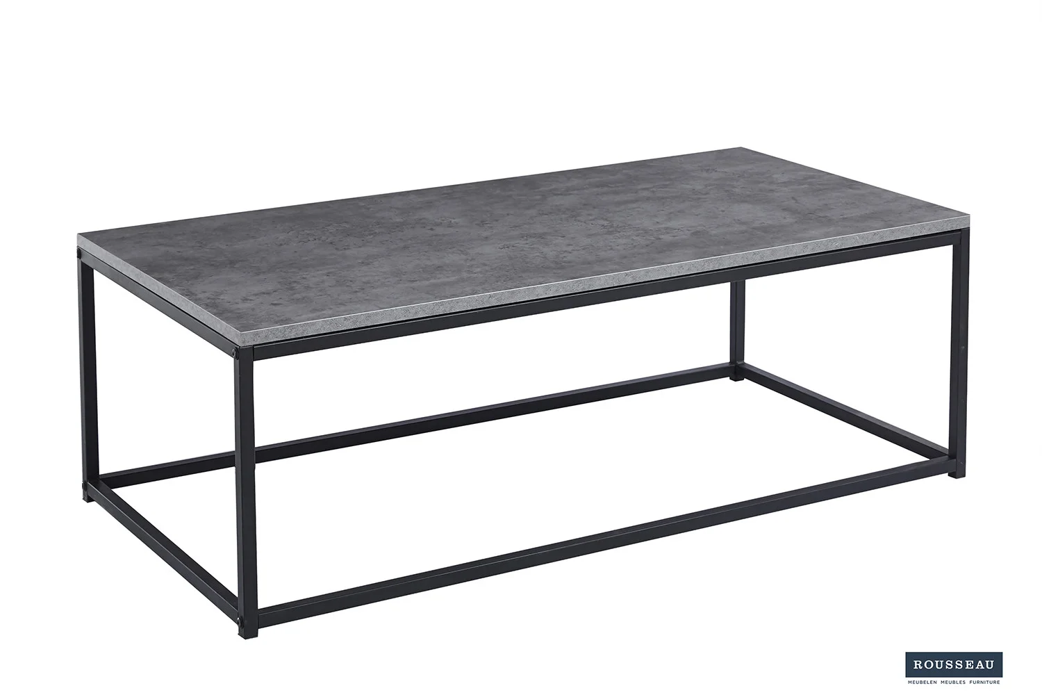 De Salontafel Grijs, Roest Steen is een rechthoekige salontafel met een donkergrijs blad in steenlook en een eenvoudig zwart metalen frame, perfect voor minimalistische, industriële interieurs.