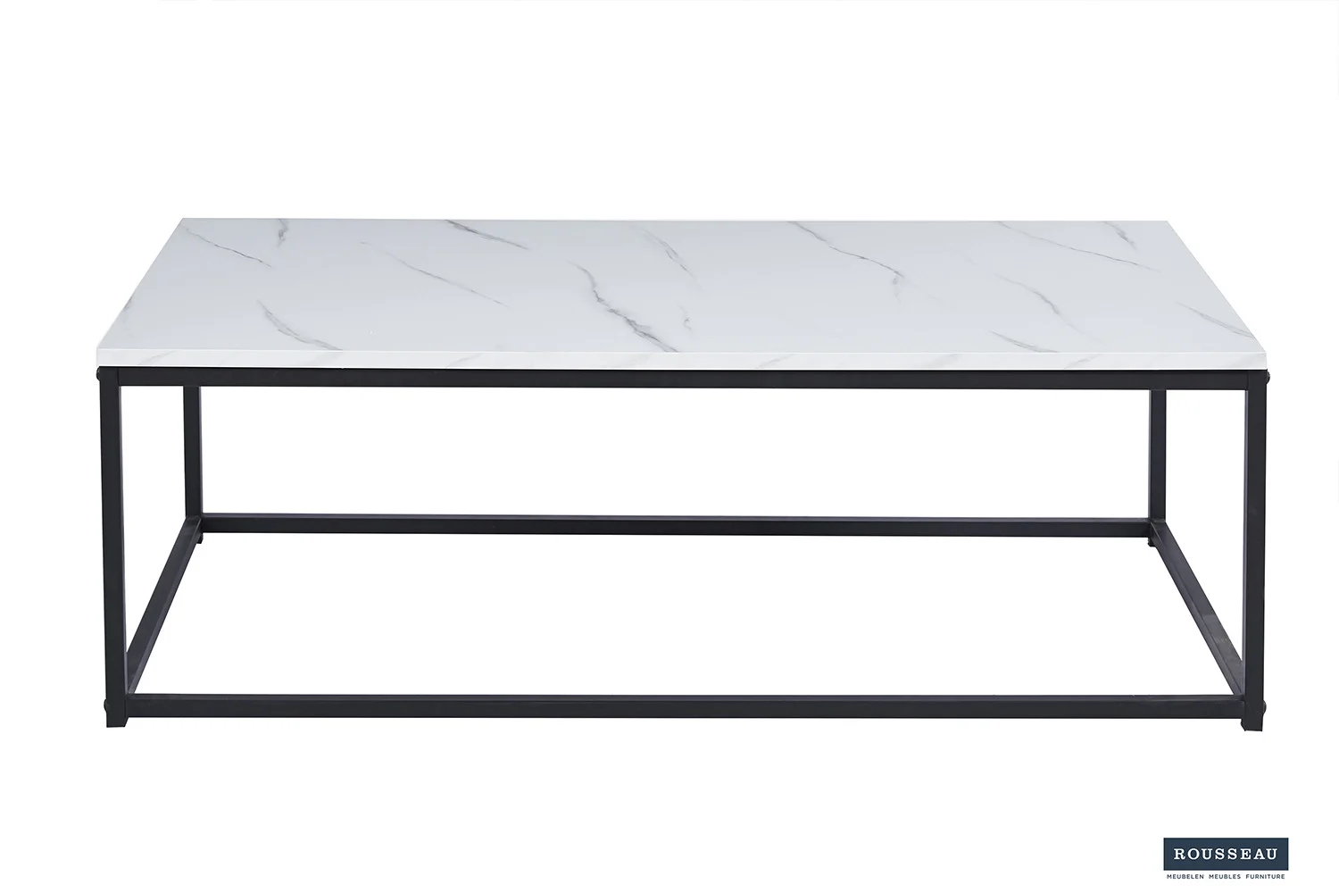 De Salontafel Wit Marmer Design heeft een rechthoekig blad met wit marmerdessin en een minimalistisch onderstel van zwart metaal tegen een witte achtergrond.