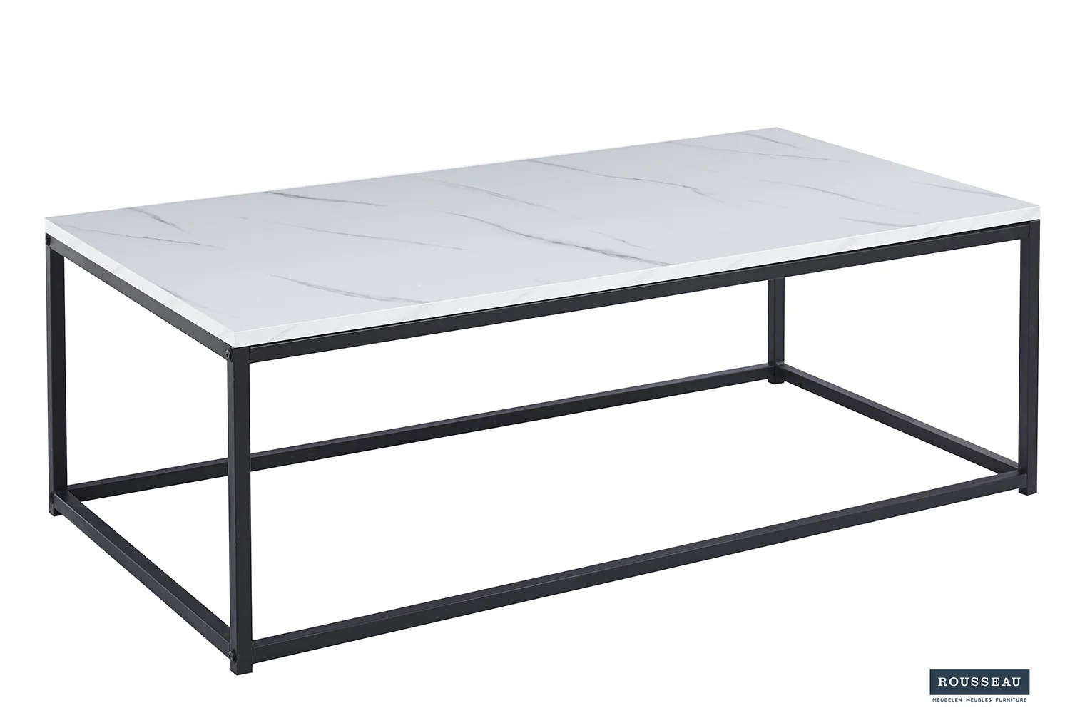 De Salontafel Wit Marmer Design is een rechthoekige salontafel met een blad in wit marmerpatroon en een strak zwart metalen frame, met strakke moderne lijnen en een klein Rousseau-logo in de rechterbenedenhoek.