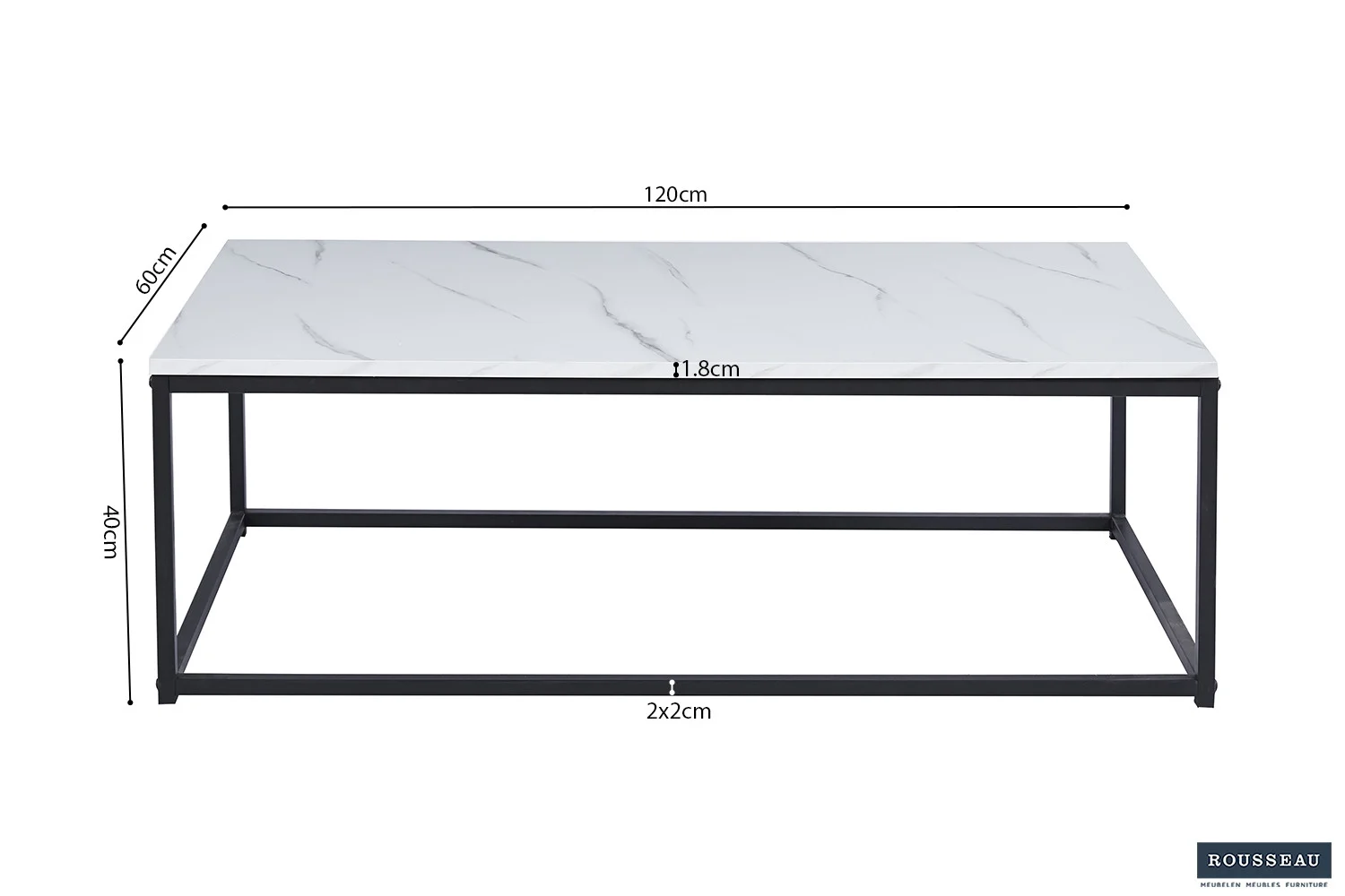 Salontafel Wit Marmer Design: Rechthoekige salontafel met wit marmeren blad en zwart metalen onderstel. Afmetingen: 120x60x40 cm, frame 2x2 cm. Rousseau logo rechtsonder.