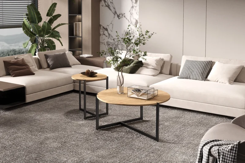 Een moderne woonkamer met een grote witte sofa, neutrale kussens, twee Salontafel Klassiek Design Tijdloos salontafels met zwarte metalen poten, een grijs vloerkleed, een plant in pot en planken met decor.