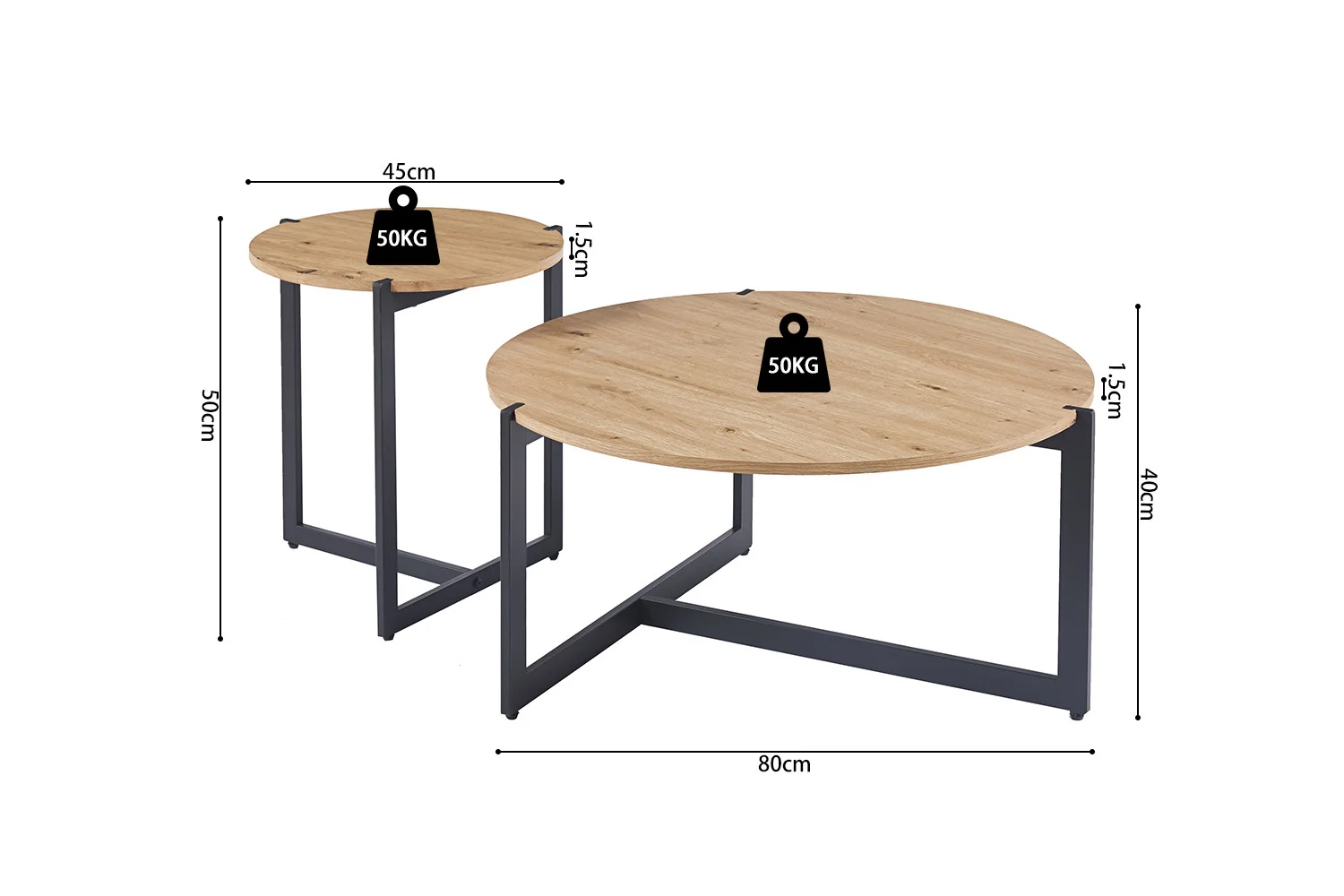 De Salontafel Klassiek Design Tijdloos set bestaat uit twee ronde houten tafels met zwart metalen poten: een van 80cm breed/40cm hoog en een van 45cm breed/50cm hoog. Elk tafelblad is 1,5cm dik en kan tot 50kg dragen.