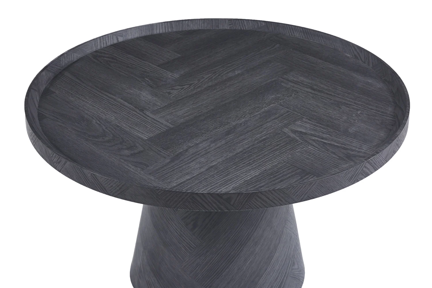 De Salontafel Donkergrijs, Roest 80 CM is een ronde tafel met een donkergekleurd visgraat houten blad en een stevig cilindervormig onderstel.