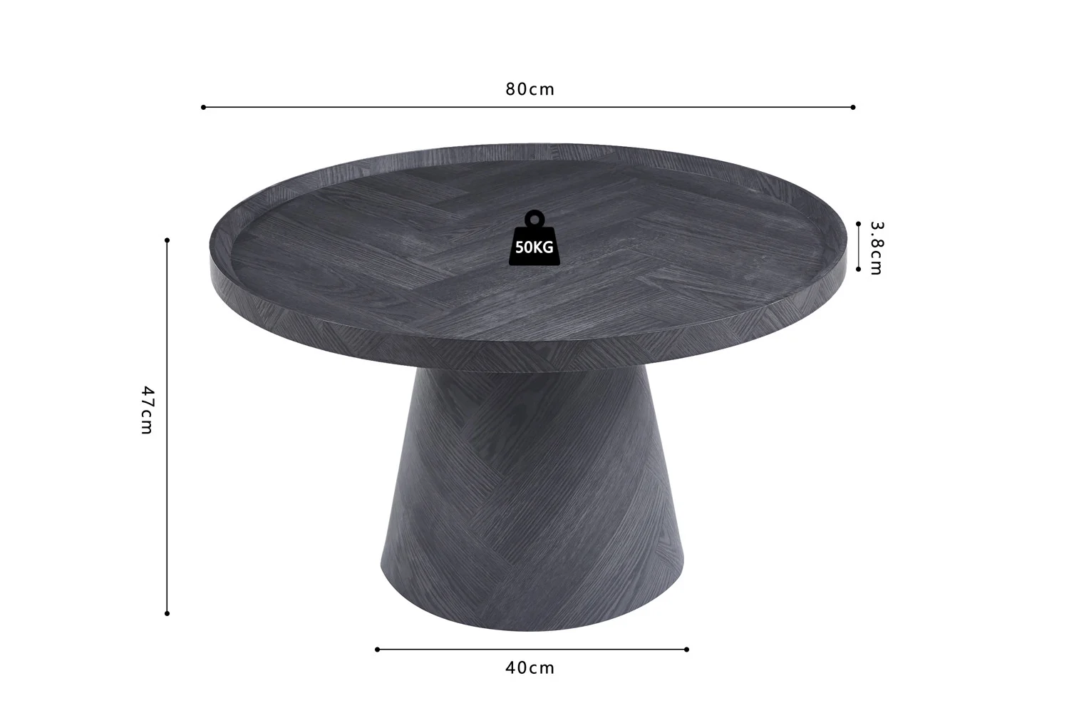 De Salontafel Donkergrijs, Roest 80 CM heeft een rond donkergrijs blad (80cm diameter), is 47cm hoog, heeft een 40cm basis en een 3,8cm dik tafelblad. De tafel kan tot 50 kg dragen, met alle afmetingen op de afbeelding.