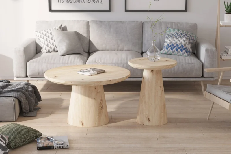Een moderne woonkamer heeft een lichtgrijze bank, geometrische kussens, de Salontafel 80 CM Rond salontafel, een glazen vaas met een enkele tak, ingelijste kunst boven de bank en veel natuurlijk licht.