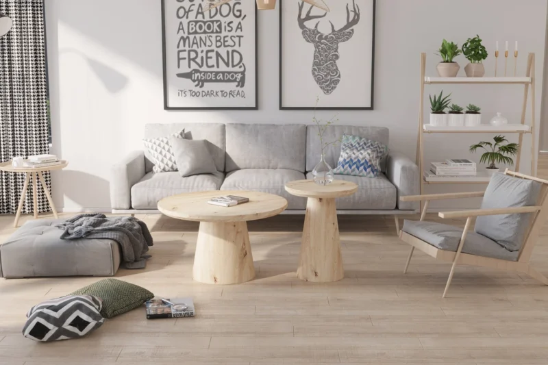 Een moderne woonkamer met lichthouten meubels, een grijze bank, planten en ingelijste kunst op een lichthouten vloer met de Salontafel 80 CM Rond als middelpunt.