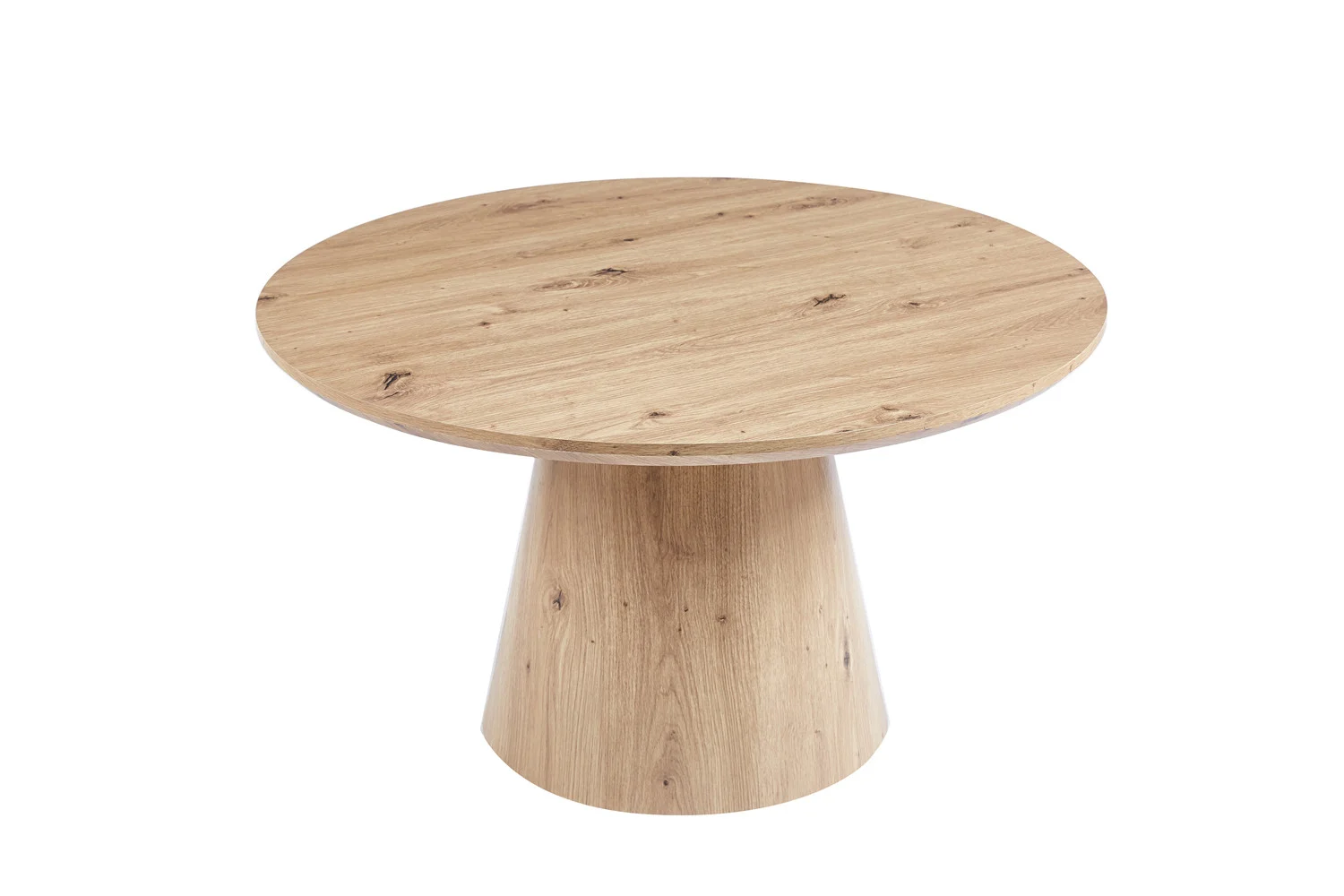 De Salontafel 80 CM Rond is een kleine, ronde houten bijzettafel met een glad blad en een conische basis, afgewerkt met een natuurlijke houtnerf en tegen een witte achtergrond.