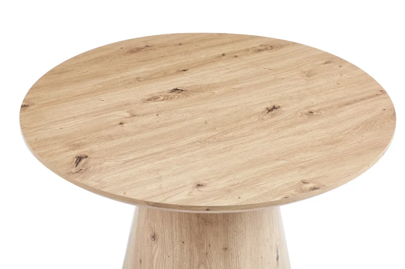 De Salontafel 80 CM Rond heeft een rond, licht houten ontwerp met een glad oppervlak en zichtbare natuurlijke nerven, van bovenaf gezien. De eenvoudige en moderne stijl maakt het een veelzijdige keuze voor elke ruimte.