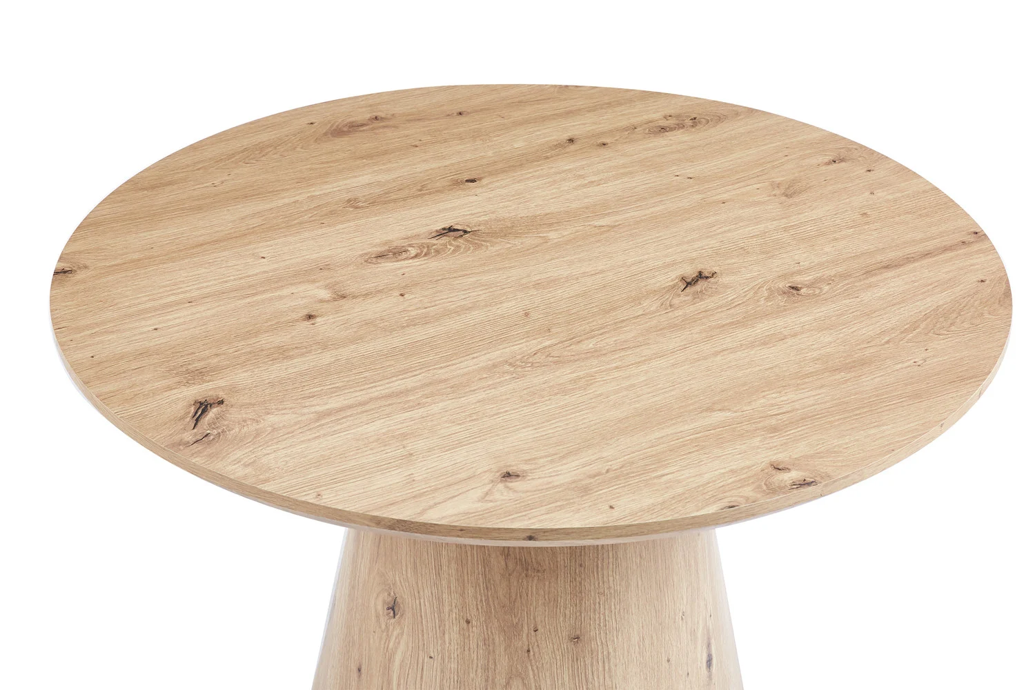 De Salontafel 80 CM Rond heeft een rond, licht houten ontwerp met een glad oppervlak en zichtbare natuurlijke nerven, van bovenaf gezien. De eenvoudige en moderne stijl maakt het een veelzijdige keuze voor elke ruimte.
