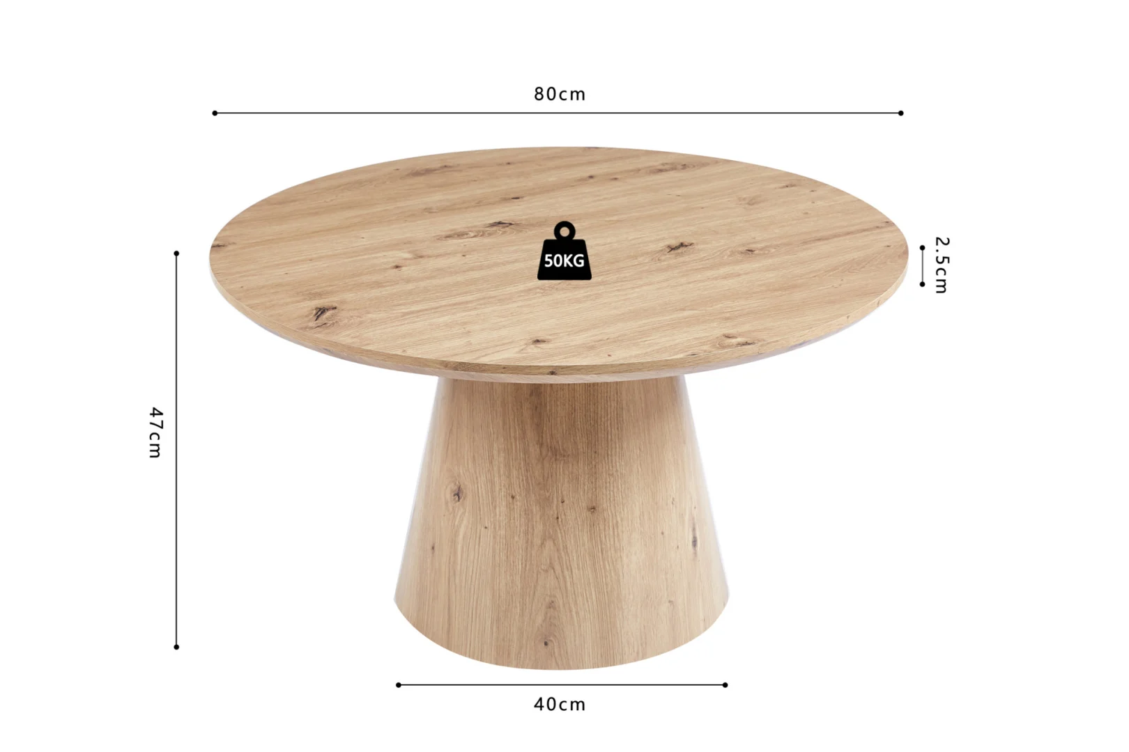 De Salontafel 80 CM Rond is een ronde houten tafel met een conisch onderstel. De tafel heeft een diameter van 80 cm, is 47 cm hoog, het onderstel is 40 cm breed, het tafelblad is 2,5 cm dik en kan 50 kg wegen.