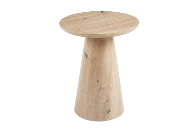 De Salontafel 45 CM is een kleine, ronde houten bijzettafel met een glad blad, een conische voet, een natuurlijke houten afwerking en zichtbare nerfpatronen.