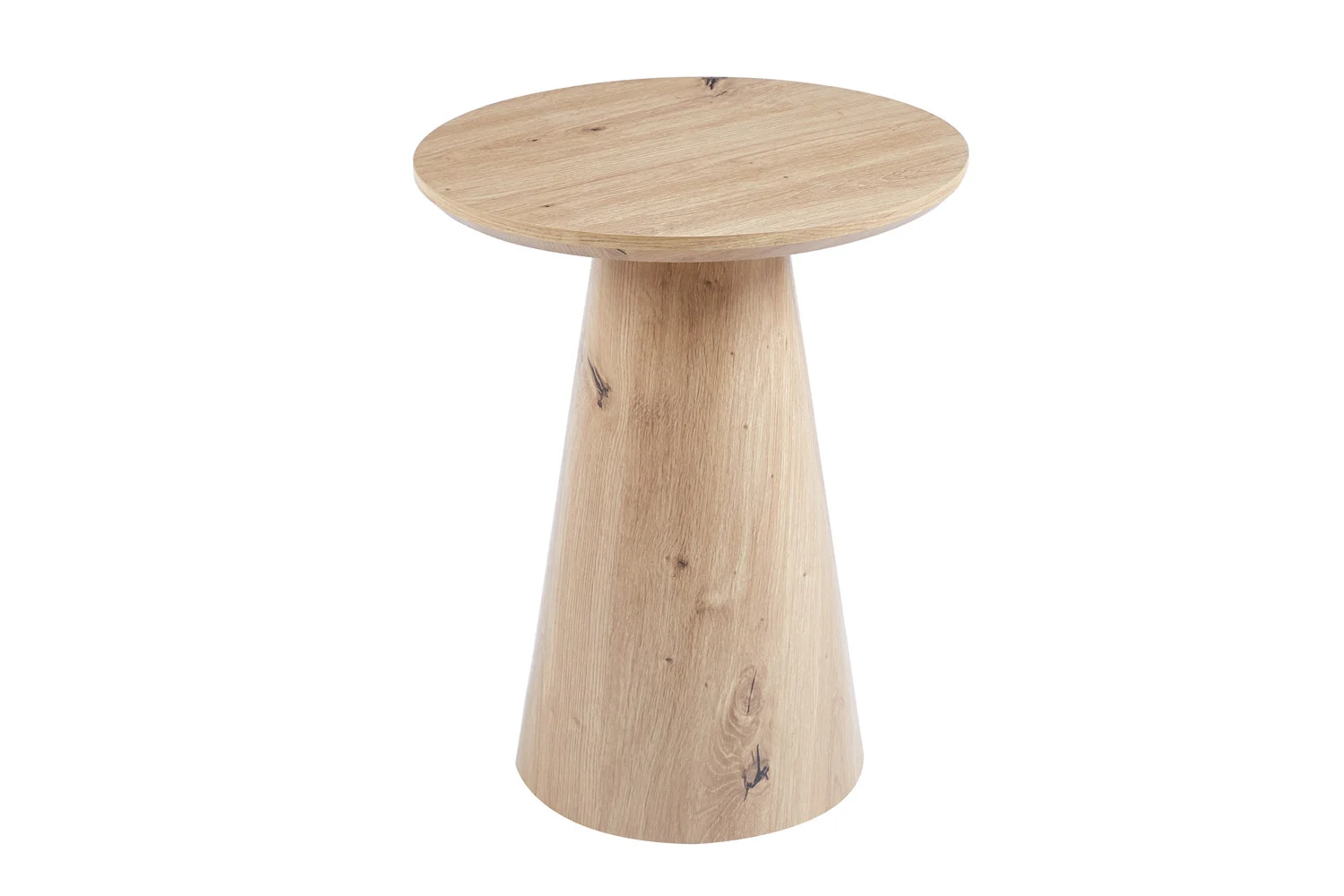 De Salontafel 45 CM is een kleine, ronde houten bijzettafel met een glad blad, een conische voet, een natuurlijke houten afwerking en zichtbare nerfpatronen.