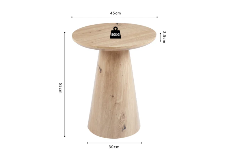 De Salontafel 45 CM is een ronde houten bijzettafel met een conische basis van 45cm breed, 55cm hoog en 30cm diep. Het tafelblad is 2,5cm dik, kan tot 50kg dragen en is voorzien van zwarte maatlijnen en labels.