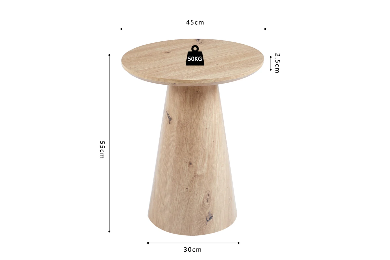 De Salontafel 45 CM is een ronde houten bijzettafel met een conische basis van 45cm breed, 55cm hoog en 30cm diep. Het tafelblad is 2,5cm dik, kan tot 50kg dragen en is voorzien van zwarte maatlijnen en labels.