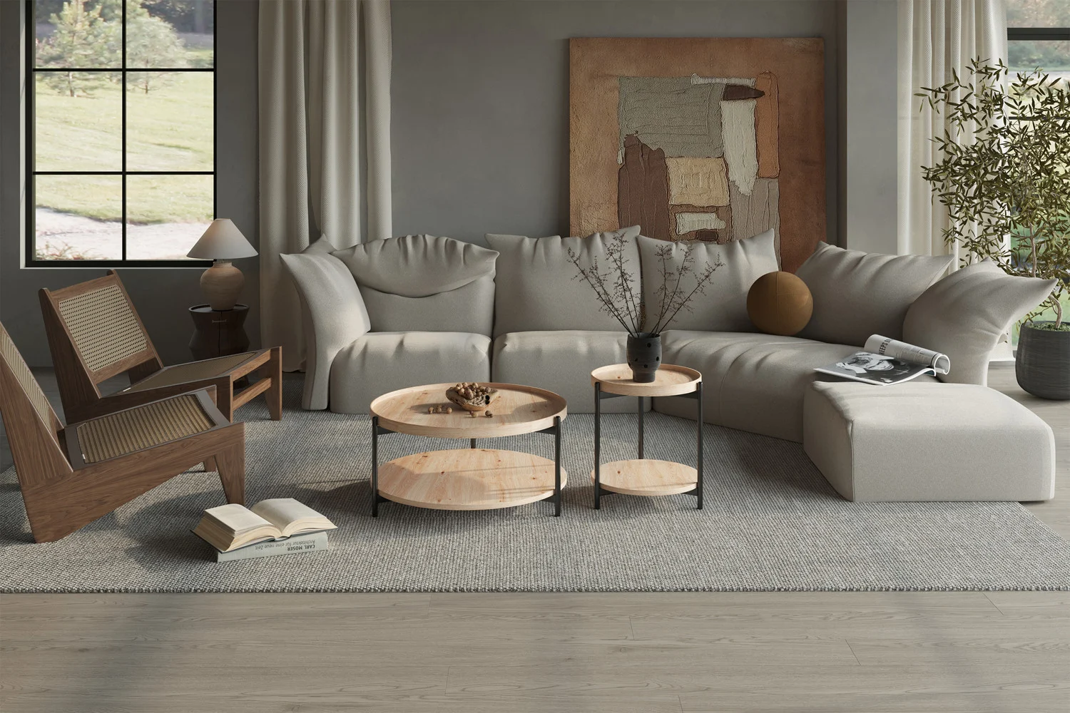 Een moderne woonkamer met een beige sectionele bank, de Salontafel Roest 80 CM als salontafel, een houten stoel en een grijs vloerkleed. Grote ramen, abstracte kunst en een potplant maken de minimalistische inrichting compleet, terwijl een open boek op de vloer rust.
