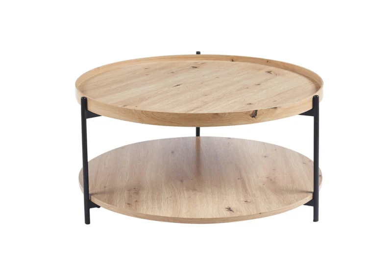 De Salontafel Roest 80 CM is een ronde houten salontafel met twee niveaus, zwarte metalen poten en een natuurlijke houten afwerking met zichtbare nerfpatronen.
