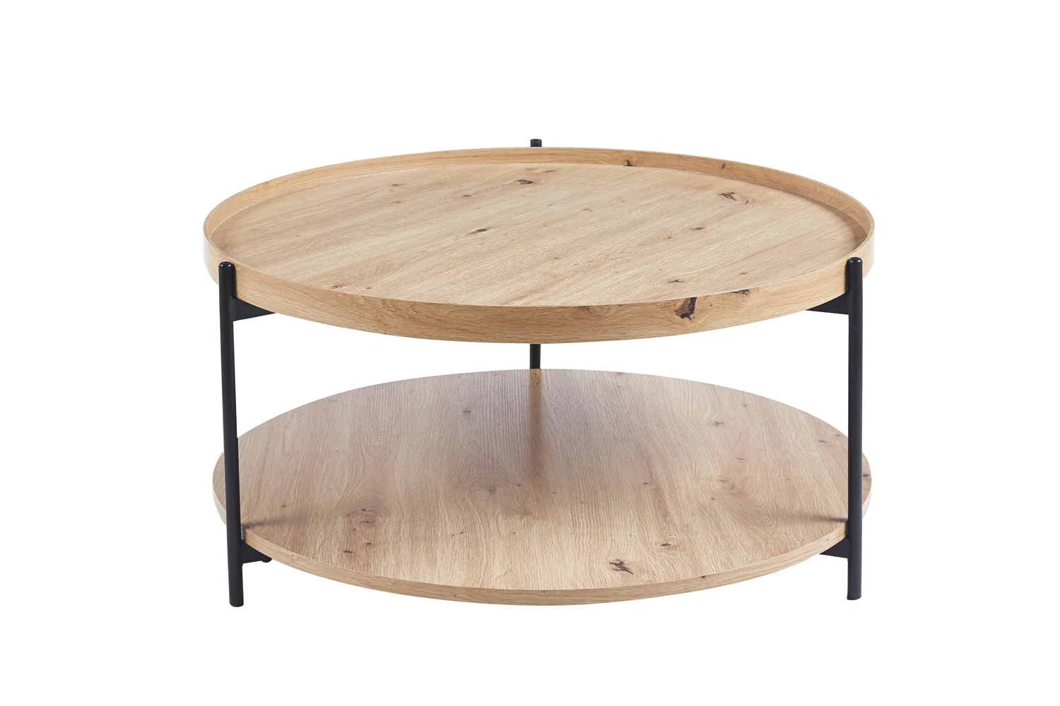 De Salontafel Roest 80 CM is een ronde houten salontafel met twee niveaus, zwarte metalen poten en een natuurlijke houten afwerking met zichtbare nerfpatronen.
