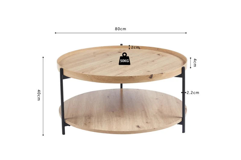 De Salontafel Roest 80 CM is een ronde houten salontafel met zwart metalen poten en twee niveaus. De bovenste laag is 80 cm breed, 4 cm dik, kan tot 50 kg dragen, is 40 cm hoog en heeft een tussenruimte van 22 cm.