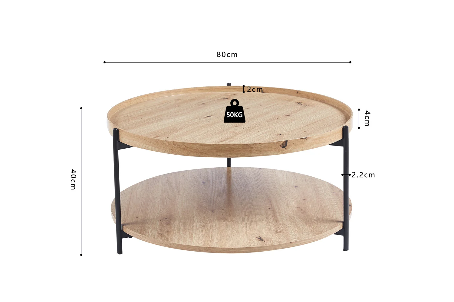 De Salontafel Roest 80 CM is een ronde houten salontafel met zwart metalen poten en twee niveaus. De bovenste laag is 80 cm breed, 4 cm dik, kan tot 50 kg dragen, is 40 cm hoog en heeft een tussenruimte van 22 cm.
