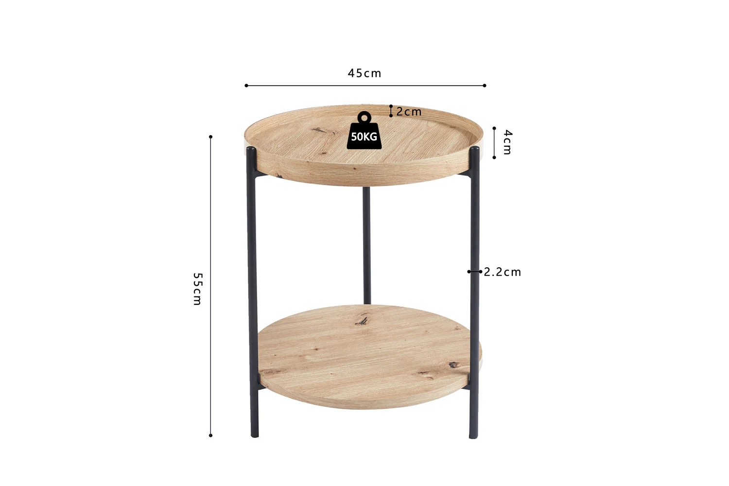 De Salontafel 45 CM Design is een ronde houten bijzettafel met twee verdiepingen en zwarte metalen poten. Hij heeft een 45 cm breed, 4 cm dik blad, is 55 cm hoog, heeft een 2,2 cm dik onderblad en kan tot 50 kg dragen.