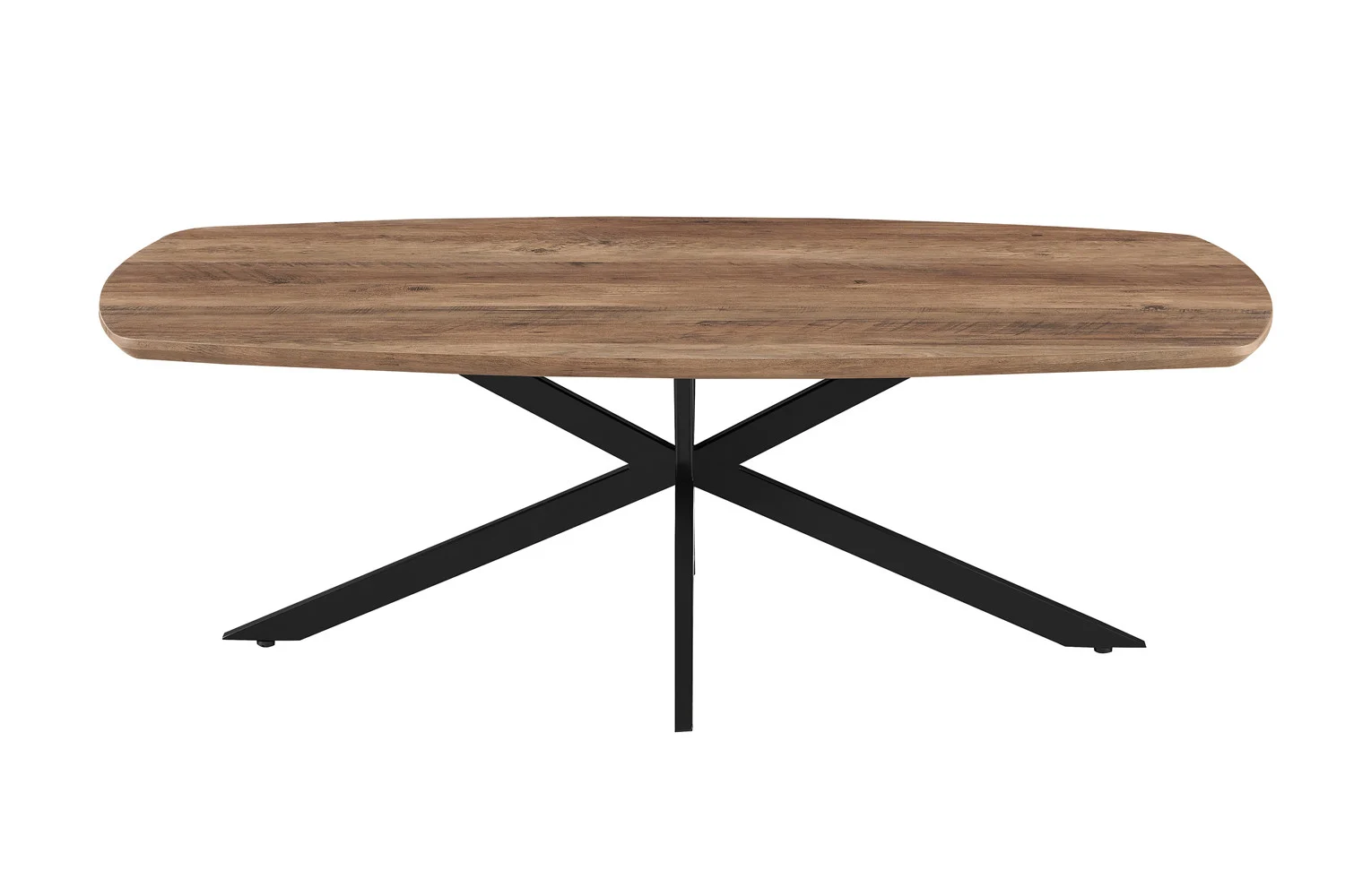 De Salontafel Mangohout Design Tijdloos heeft een modern houten rechthoekig blad met zwart gekruiste metalen poten, van voren gezien tegen een witte achtergrond.