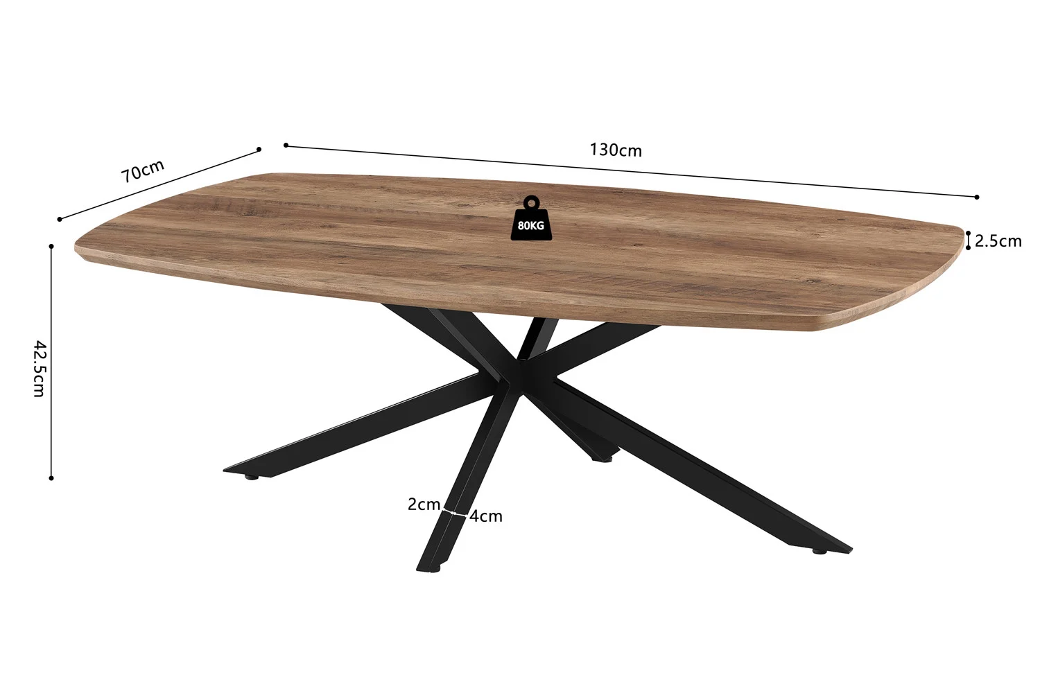 De Salontafel Mangohout Design Tijdloos is een rechthoekige houten tafel met afgeronde hoeken, zwarte gekruiste metalen poten en afmetingen van 130cm (L) x 70cm (B) x 42,5cm (H), een tafelbladdikte van 2,5cm en een gewichtslimiet van 80kg.