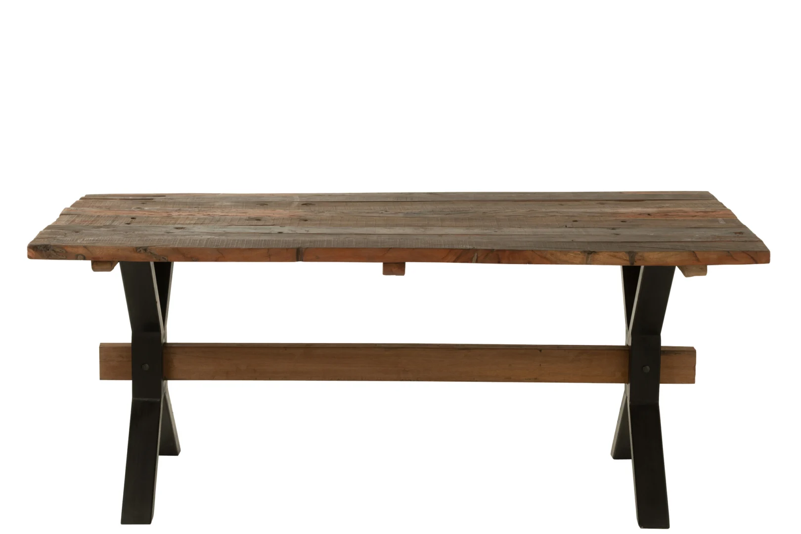 De Tafel Vintage Hout Bruin heeft een dik, verweerd rechthoekig houten blad en stevige zwarte X-vormige poten met een horizontale houten balk, tegen een effen witte achtergrond.