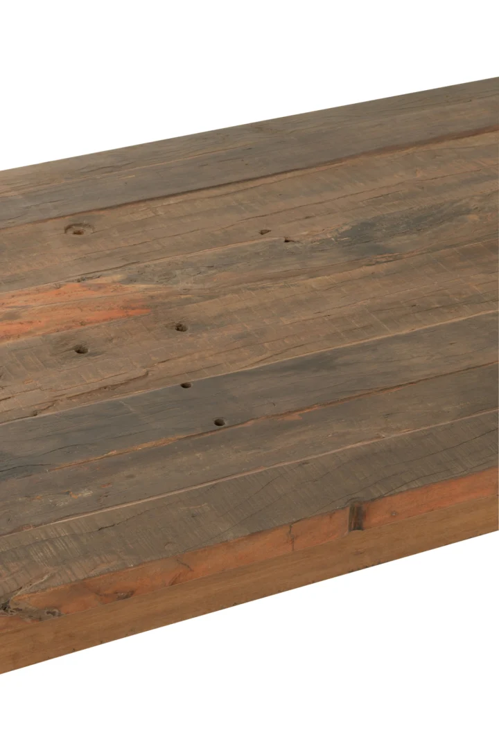 Close-up van de Tafel Vintage Hout Bruin, met zichtbare nerfpatronen, knoesten en natuurlijke imperfecties die de rustieke, verweerde uitstraling van teruggewonnen hout benadrukken.