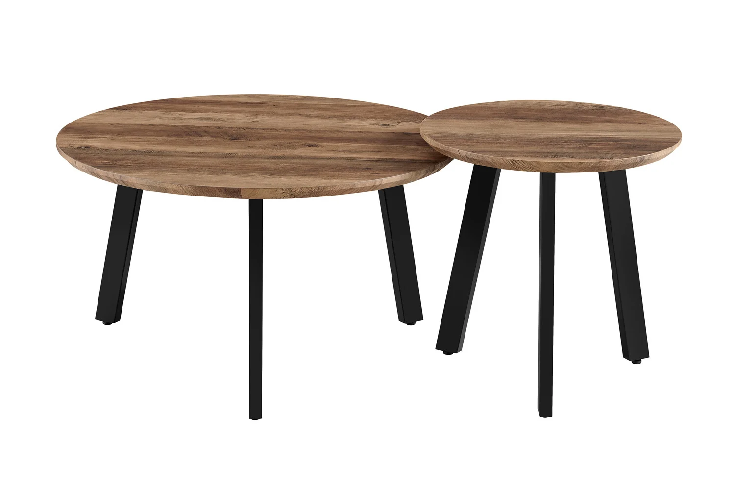 De Salontafel Roest Mangohout Design heeft twee ronde nesttafels met mangohouten bladen en zwarte metalen poten in een tijdloos ontwerp; de grotere tafel overlapt de kleinere iets.