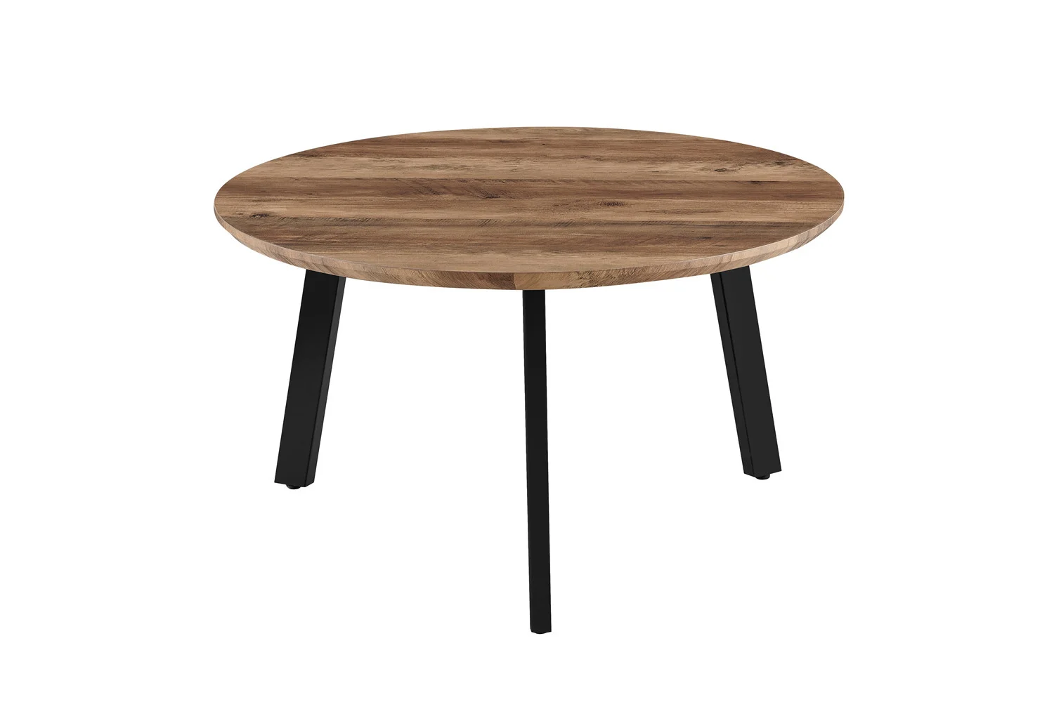 De Salontafel Roest Mangohout Design is een ronde houten tafel met een natuurlijke afwerking en drie zwarte metalen poten, met tijdloos design, afgebeeld tegen een witte achtergrond.