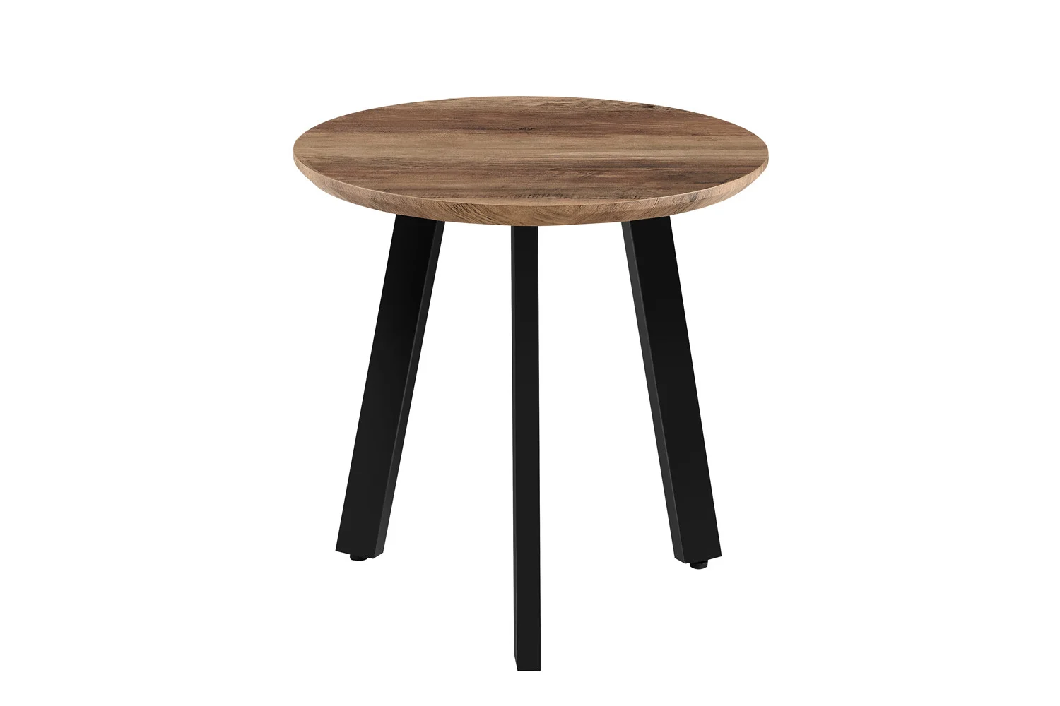 De Salontafel Roest Mangohout Design is een kleine ronde bijzettafel met een houten blad en drie zwarte metalen poten, geaccentueerd tegen een witte achtergrond. Het tijdloze ontwerp maakt het een stijlvolle toevoeging aan elke ruimte.