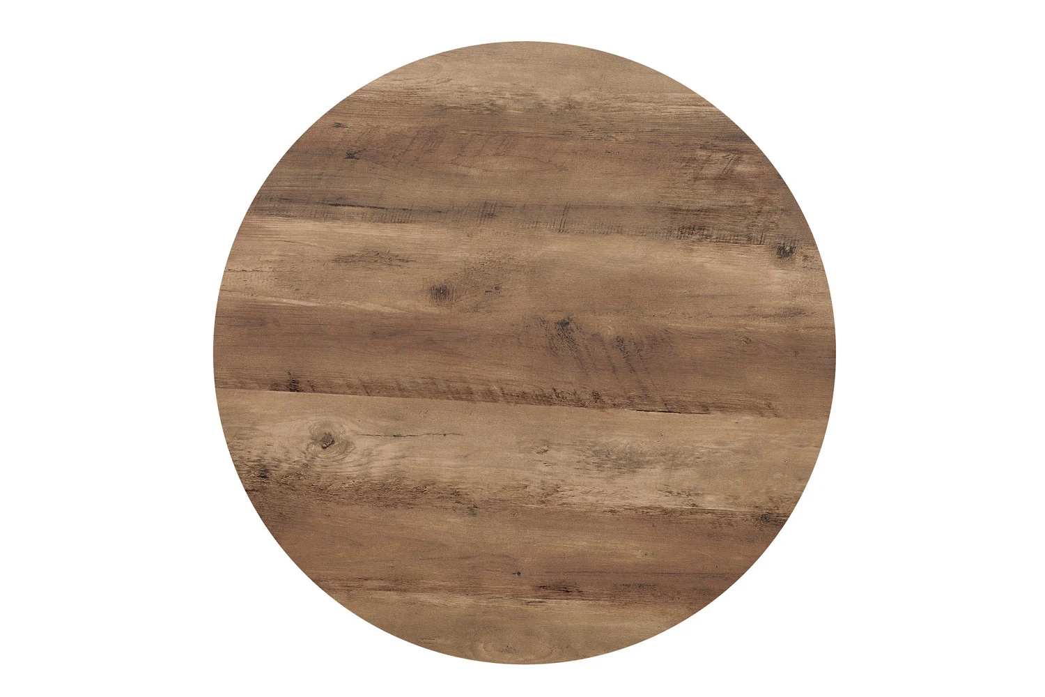 De Salontafel Roest Mangohout Design heeft een rond tafelblad met een natuurlijke bruine afwerking, zichtbare houtnerven en knoesten, met een tijdloos ontwerp tegen een witte achtergrond.