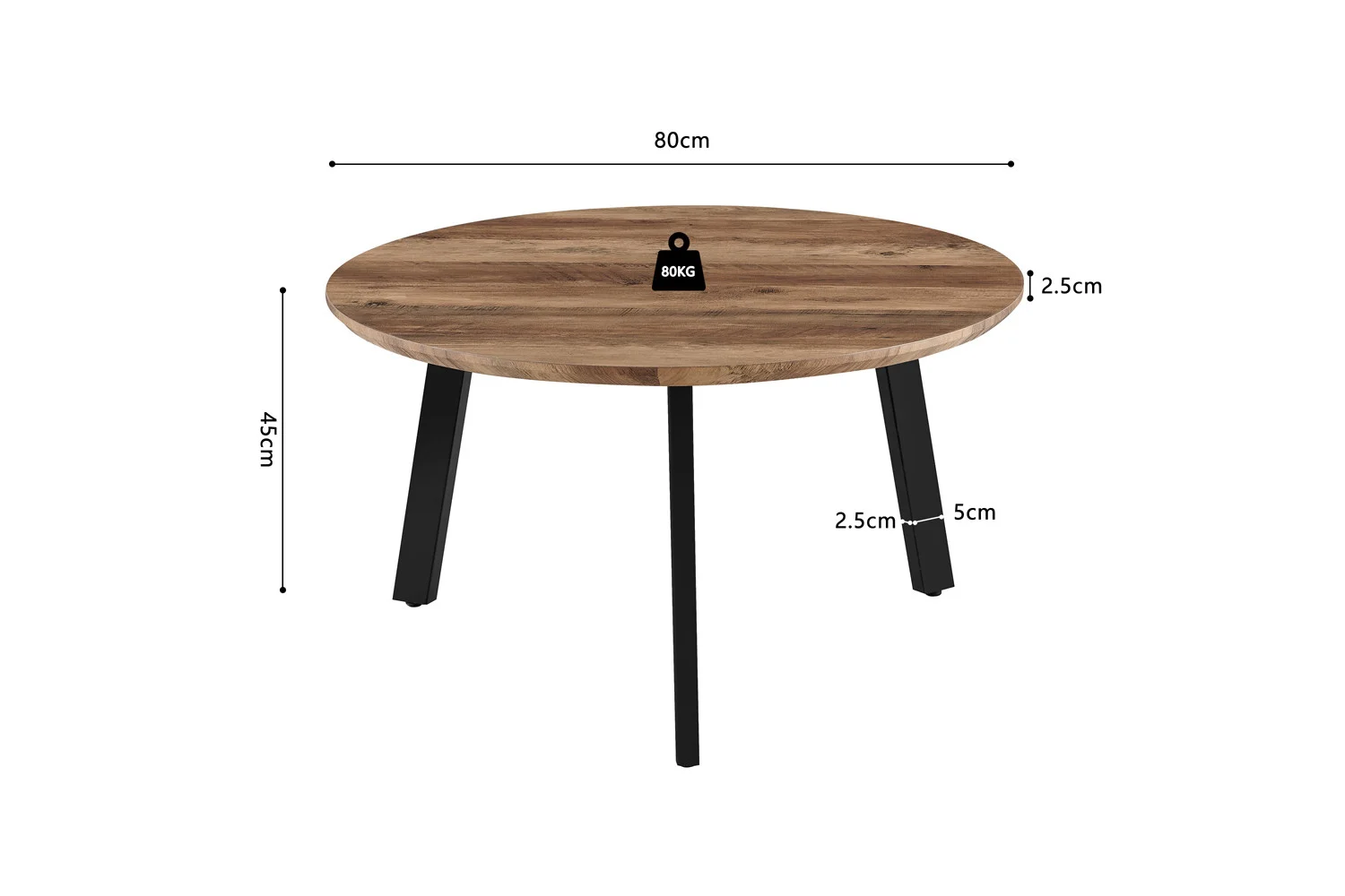Salontafel Roest Mangohout Ontwerp: tijdloos design, ronde houten tafel met zwarte poten. Afmetingen: Ø80 cm, hoogte 45 cm, blad 2,5 cm dik, pot 2,5x5 cm. Draagvermogen tafelblad: 80 kg.