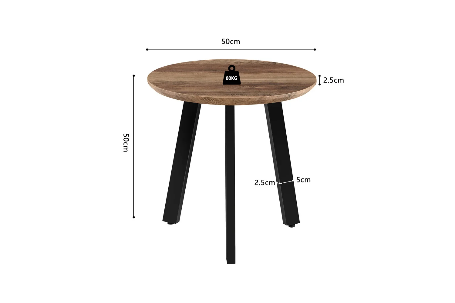 Salontafel Roest Mangohout Design: tijdloos design met rond houten blad (Ø50cm), hoogte 50cm, blad 2.5cm dik. Stevig tot 80kg, drie zwarte poten (5cm dik) op 2.5cm van de rand voor extra stabiliteit.