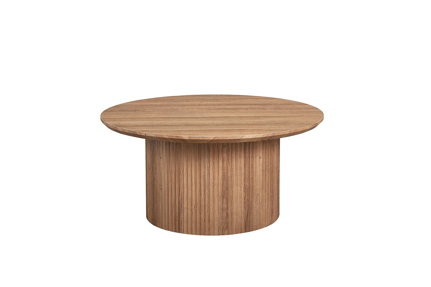 De Salontafel Roest 80 CM Rond Modern is een ronde salontafel met een glad, plat blad en een stevig cilindervormig onderstel, gemaakt van lichtgekleurd hout en afgebeeld tegen een effen witte achtergrond.