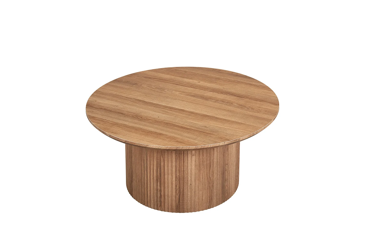 De Salontafel Roest 80 CM Rond Modern is een ronde houten tafel met een glad, plat blad en een cilindrisch onderstel. Hij is afgewerkt met een natuurlijke houtnerf en heeft een eenvoudig, modern ontwerp zonder zichtbare decoraties of extra elementen.