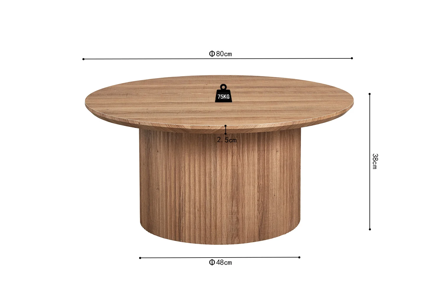 De Salontafel Roest 80 CM Rond Modern is een ronde houten tafel met een cilindrisch onderstel, een tafelblad met een diameter van 80 cm, een onderstel met een diameter van 48 cm, een hoogte van 38 cm en een maximaal draagvermogen van 75 kg. De afmetingen zijn rondom de tafel aangegeven.