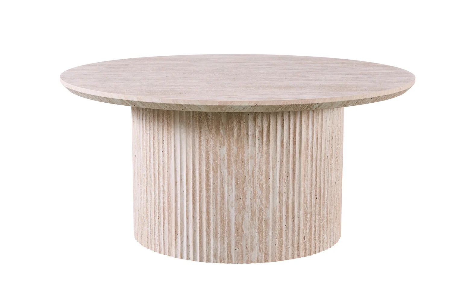De Salontafel Beige 80 CM Rond Travertin is een ronde, lichtbeige stenen tafel met een glad travertin blad en een cilindrisch geribbeld onderstel.