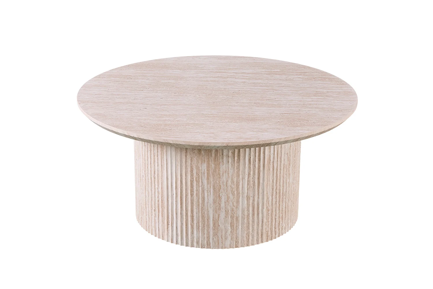 De Salontafel Beige 80 CM Rond Travertin is een ronde salontafel met een glad travertin blad en een cilindrisch, verticaal gegroefd onderstel in lichtbeige.