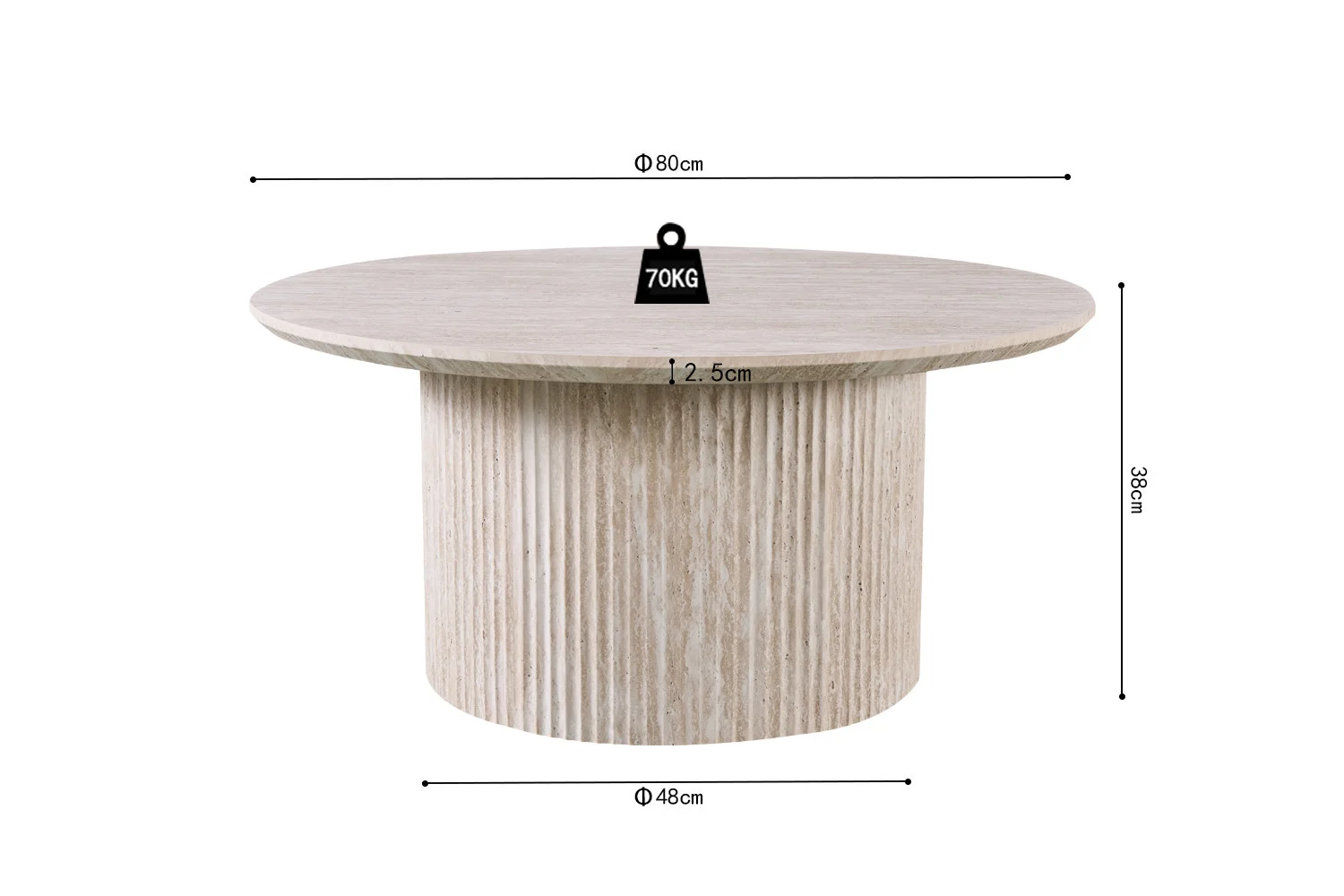 De Salontafel Beige 80 CM Rond Travertin is een ronde, lichtgekleurde tafel met een gestructureerd cilindrisch onderstel. De tafel heeft een diameter van 80 cm, is 38 cm hoog, heeft een onderstel van 48 cm en kan tot 70 kg dragen.