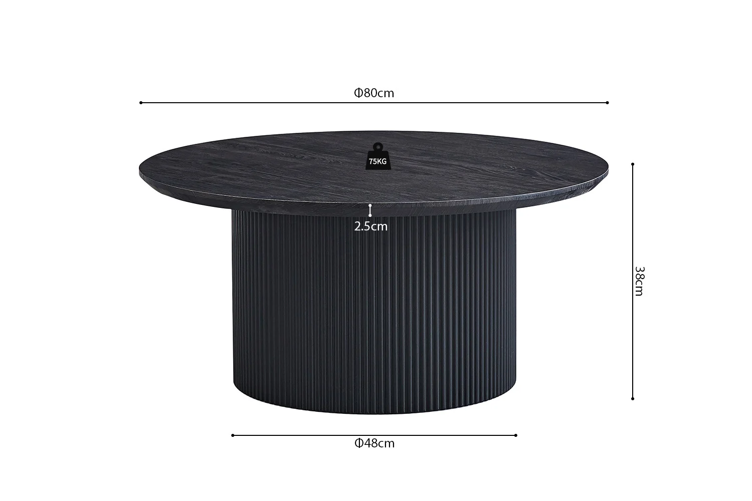 De Salontafel Roest 80 CM Rond is een zwarte ronde tafel met een geribbeld cilindrisch onderstel, 80cm diameter, 38cm hoog, 2,5cm dik tafelblad, 48cm basis diameter, en kan tot 75kg dragen.