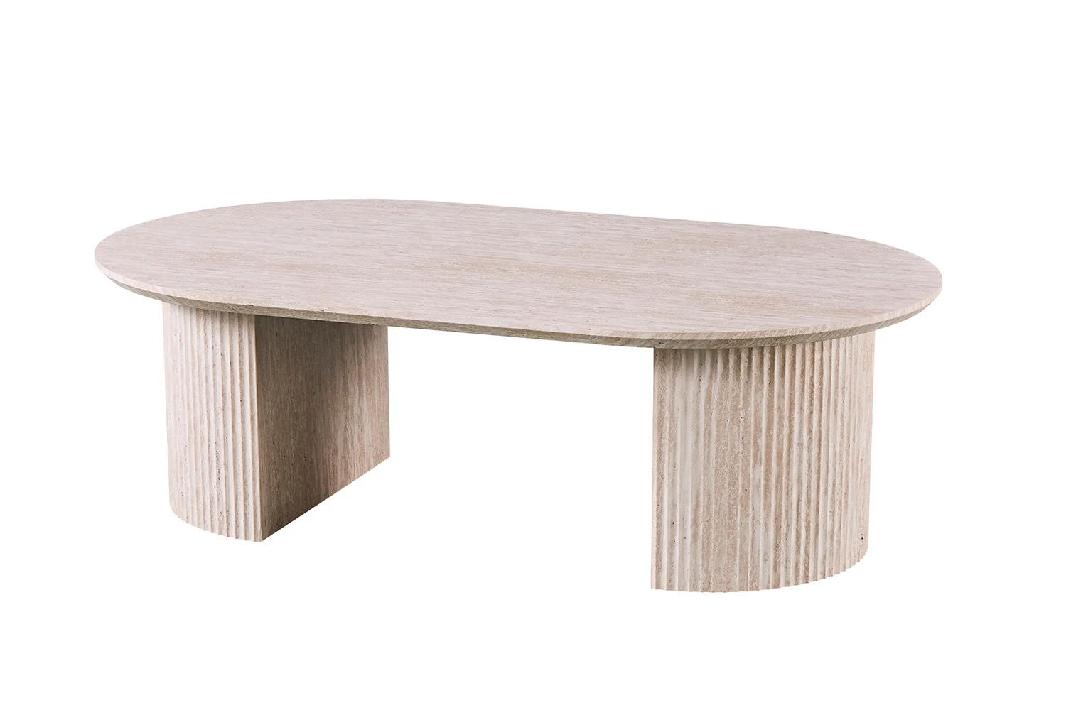 De Salontafel Beige 120 CM Ovaal Travertin is een ovale salontafel met een lichte, natuurlijke travertin afwerking en twee brede, gecanneleerde poten.