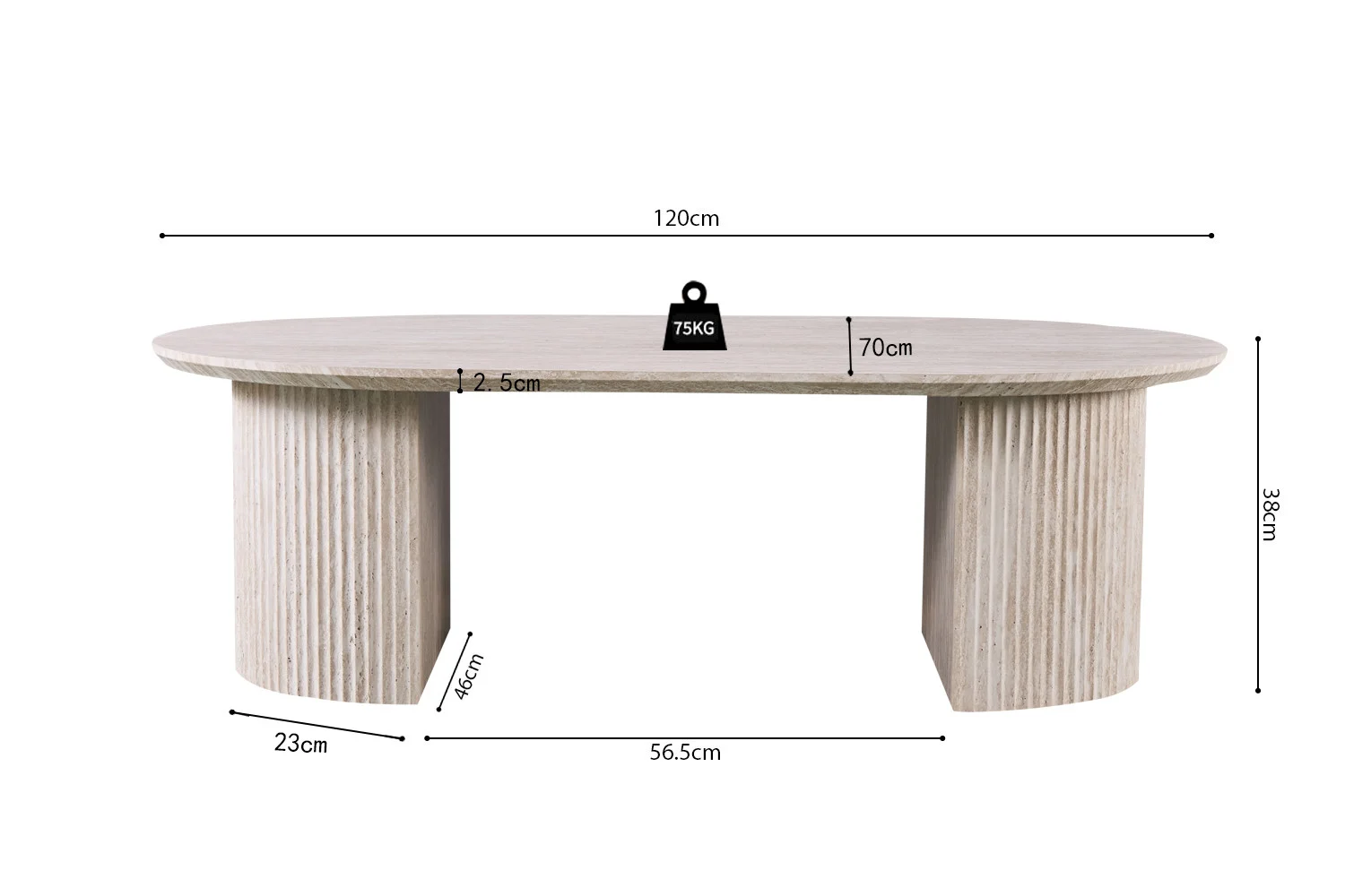 De Salontafel Beige 120 CM Ovaal Travertin heeft een gestructureerd onderstel en een ovaal bovenblad van 120x70x38 cm. De segmenten van het onderstel liggen 23 cm en 56,5 cm uit elkaar, waarbij één segment een hoek van 40 cm maakt. Maximaal gewicht: 75 kg.