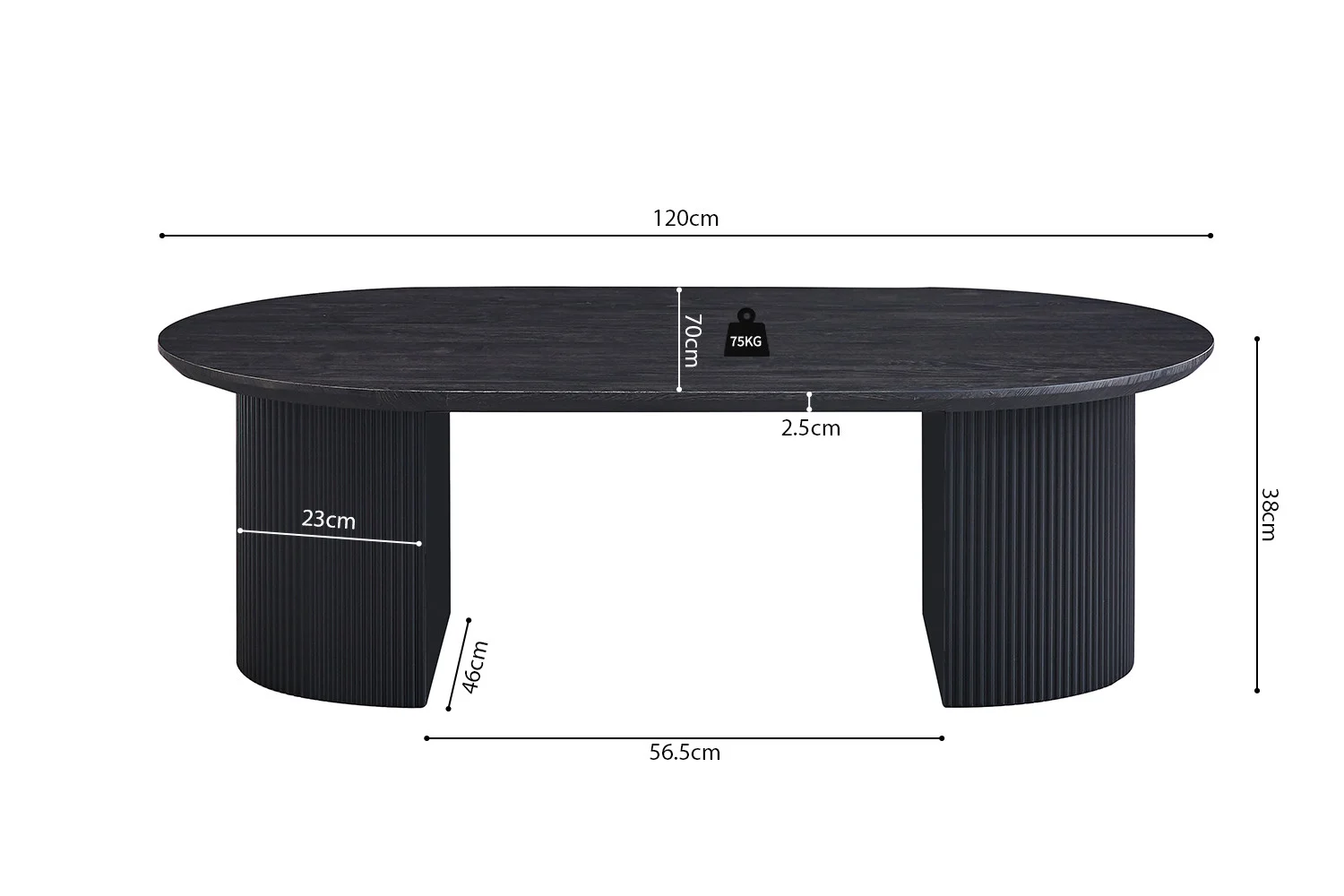 De Salontafel 120 CM Ovaal is een zwarte ovale tafel met twee geribbelde cilindrische poten (46x23cm, 56,5cm uit elkaar). Afmetingen: 120x70x38cm (LxBxH). Ondersteunt tot 75kg.