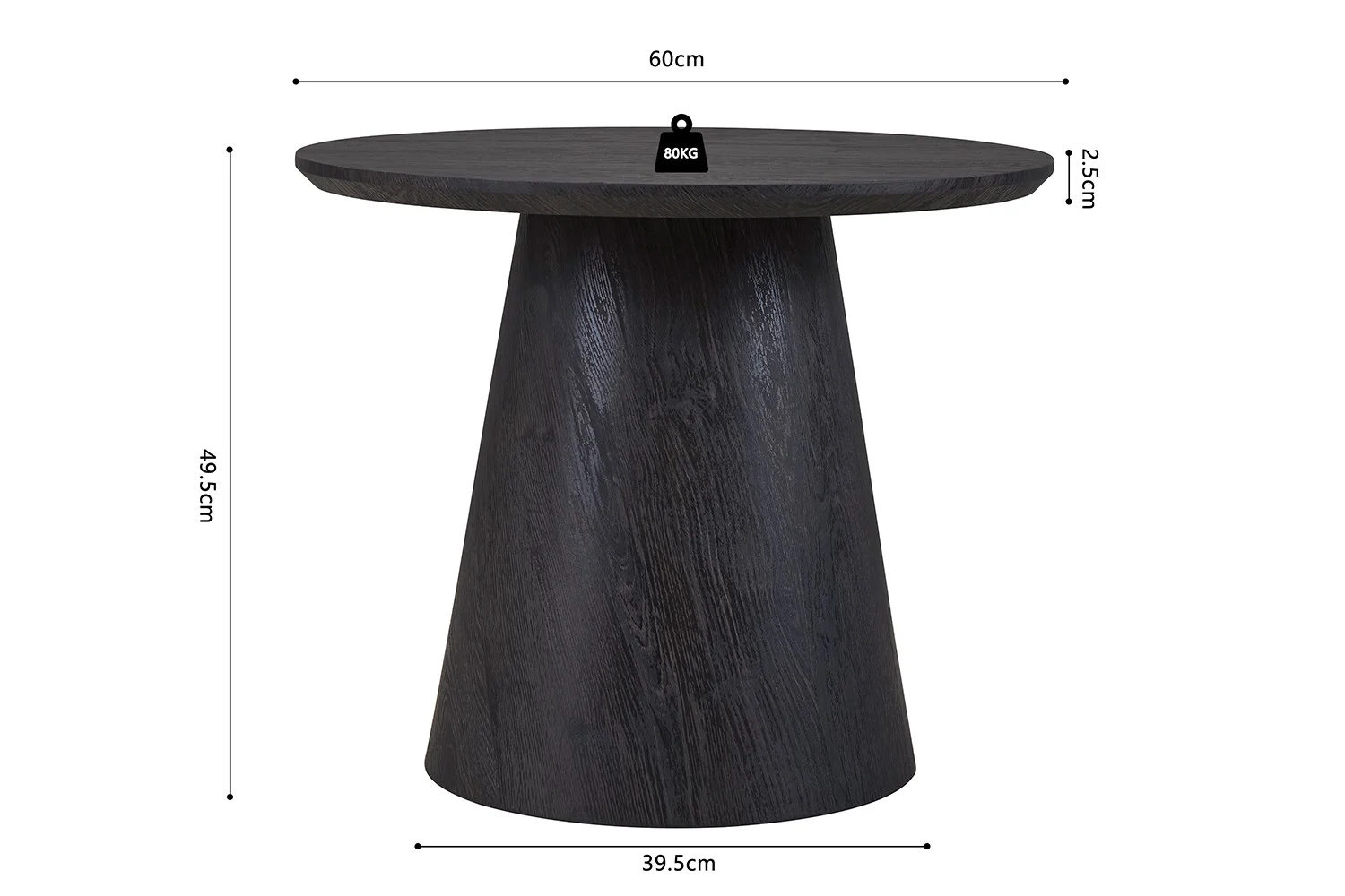De 'Miklos' bijzettafel is een rond, donkerbruin stuk met een conische voet en meet 49,5 cm hoog, 60 cm diameter van het tafelblad, 39,5 cm diameter van de voet en 2,5 cm dikte van het tafelblad. Gewichtscapaciteit: 80 kg.