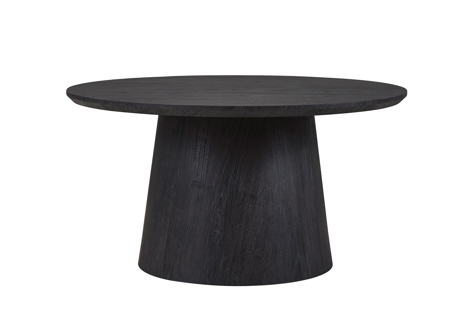De Salontafel 80 CM Rond Design is een moderne, minimalistische zwarte houten tafel met een dik, plat rond blad en een breed, massief cilindrisch onderstel.