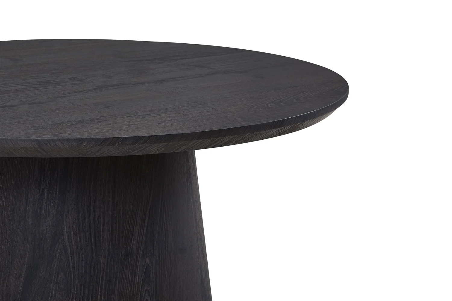 Een close-up van de Salontafel 80 CM Rond Design, met een glad, donker rond houten blad en een dikke, stevige basis tegen een witte achtergrond.