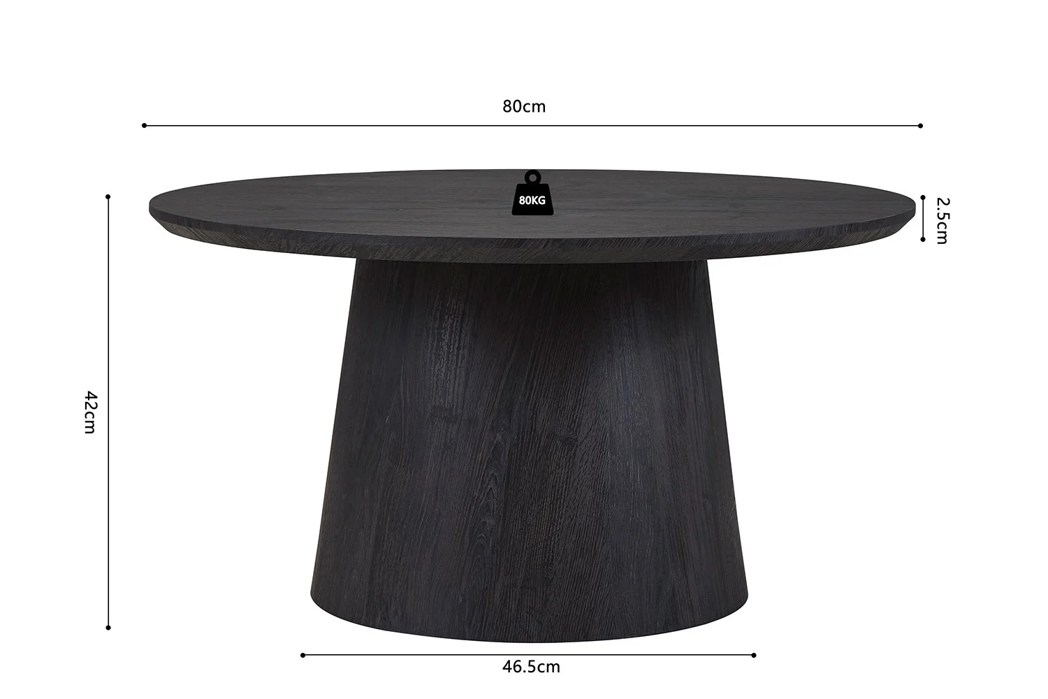De Salontafel 80 CM Rond Design is een ronde zwarte houten tafel met een conisch onderstel. De tafel heeft een diameter van 80 cm, een basisdiameter van 46,5 cm, een tafelbladdikte van 2,5 cm, een hoogte van 42 cm en een draagvermogen van 80 kg.