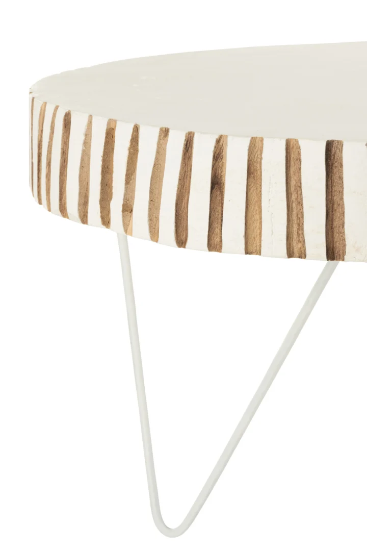 Close-up van de Set van 2 tafels Ying hout metaal wit: een ronde tafel met een wit blad, verticaal houtinleg op de rand en slanke witte metalen haarspeldpoten.